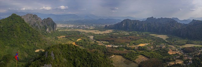 Panorama of Vang Vieng and the Kart landscape from Pha Ngern View Point, Vientiane Province, Laos,