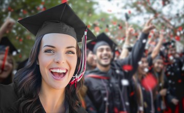 Young female graduate celebrating her graduation with her fellow classmates outdoors