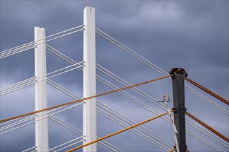 The new Rhine bridge Neuenkamp, the A40, white pillar ropes, and the old motorway bridge, which is