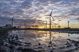 Wind farm near the East Frisian town of Norden, east of the town, sunset, Lower Saxony, Germany,