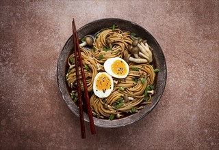 Buckwheat noodles, soba, with shimeji mushrooms, boiled egg, green onion, sesame seeds, homemade,