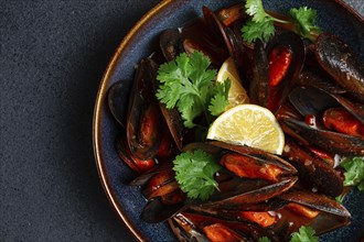 Mussels in tomato sauce, homemade, no people