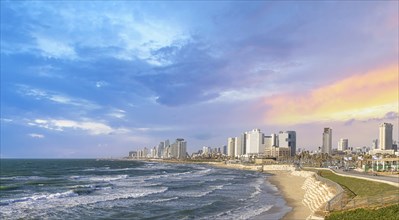 Scenic Israel Tel Aviv coastline seashore promenade with hotels and beaches near Old Jaffa port