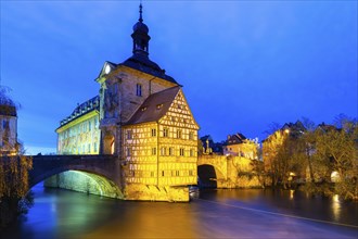 Upper Bridge, Old Town Hall, Regnitz, historic old town, Blue Hour, Bamberg, Lower Franconia,