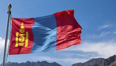 Flags, the national flag of Mongolia flutters in the wind