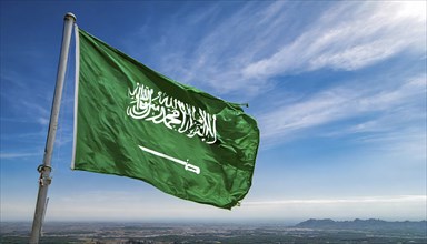 Flag, the national flag of Saudi Arabia flutters in the wind