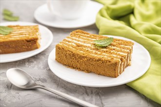 Homemade honey cake with milk cream and mint with cup of coffee on a gray concrete background and