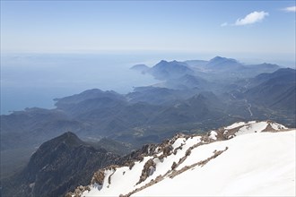 View of the Turkish Riviera from the snow-covered TahtalÄ± DaÄŸÄ±, Turkey, Asia