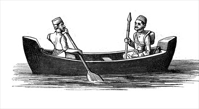 East Indian postal officials in a rowing boat, illustration from 1880, India, Historical, digital