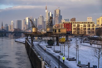 The skyline of Frankfurt am Main, skyscrapers of the banking district, historic harbour cranes at