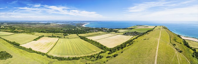 Panorama of Ballard Cliff over Studland from a drone, Jurassic Coast, Dorset Coast, Poole, England,