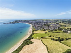 Fields and farms over Swanage and Swanage Bay from a drone, Jurassic Coast, Dorset Coast, Poole,