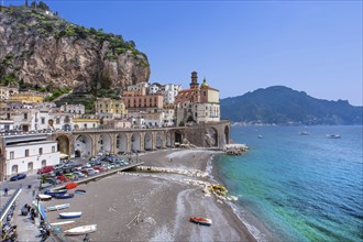 Waterfront of the village with beach, Atrani, Amalfi Coast, Amalfitana, Campania, Italy, Europe