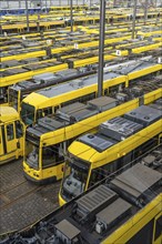 Warning strikes in local public transport, Ruhrbahn trams at the depot, VERDI union members on