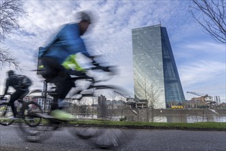 Building of the European Central Bank, ECB, cycle path on the Main in Frankfurt, Hesse, Germany,