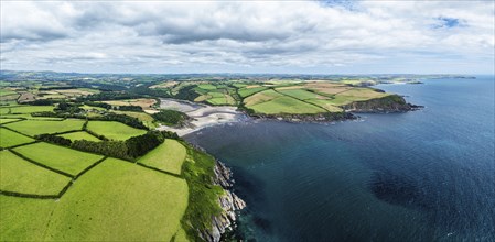 Panorama of Cliffs over Mothecombe Beach and Red Cove from a drone, River Emme, Mothecombe,