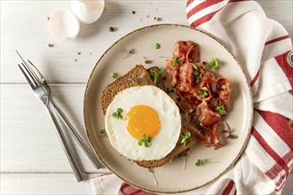 Breakfast, fried egg with bacon, micro-green, on a light background, no people, selective focus