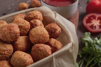 Chicken popcorn, deep fried, nuggets, close-up, rustic, no people