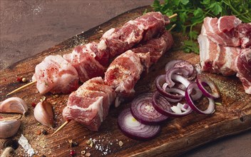 Raw pork meat, on wooden sticks, pickled kebab, with spices, top view, no people