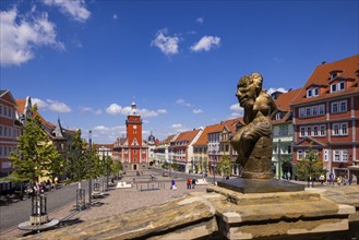 Water art and town hall tower, Gotha, Thuringia, Germany, Europe