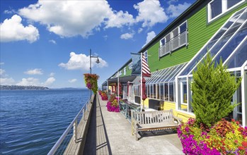 Panoramic view of Seattle Bell Harbor Marina and Seattle harbor piers and restaurants