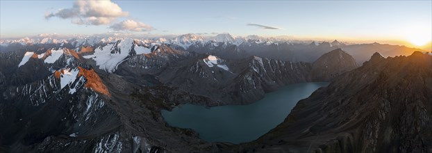 Evening mood, mountain panorama, aerial view, 4000 metre peak with glacier, mountain pass and