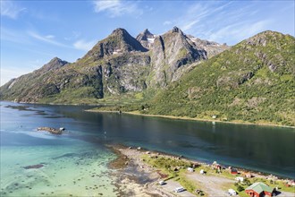 Aerial view of the campsite at Raften at the Raftsund, the waterway between Lofoten and Vesteralen,