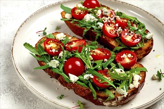 Arugula sandwiches and cherry tomatoes, cheese with mold, breakfast, snack, homemade