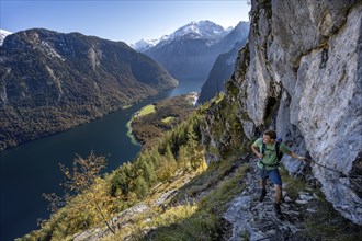 Mountaineers on a mountain hiking trail, Rinnkendlsteig, view of the Königssee, autumn forest and