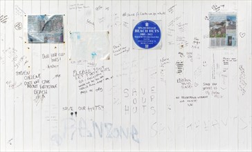 Handwritten support messages campaign to save historic beach huts, Felixstowe, Suffolk, England, UK