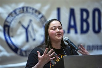 Chicago, Illinois, Amanda Rivera of Starbucks Workers United speaks at the 2024 Labor Notes