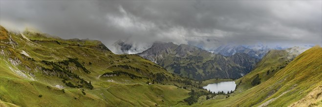 Panorama from Zeigersattel to Seealpsee, on the left behind the Höfats 2259m, AllgÃ¤u Alps,