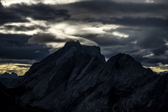 Montafon mountains with dramatic cloudy sky at sunrise, Tschagguns, RÃ¤tikon, Montafon, Vorarlberg,