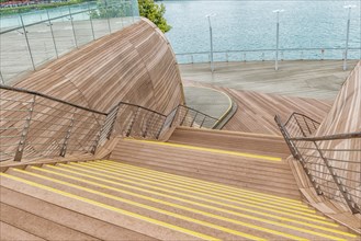 Decorative wooden stairs near the waterfront, Singapore, Asia