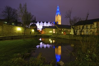 High Cathedral of Paderborn, St. Liborius, reflection, night shot, Paderborn, Westphalia, North