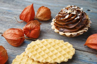 Sweet waffle, cake with cream and red physalis on a rustic blue wooden background