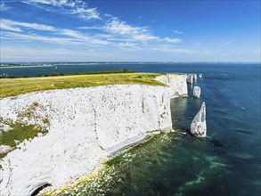 White Cliffs of Old Harry Rocks Jurassic Coast from a drone, Dorset Coast, Poole, England, United