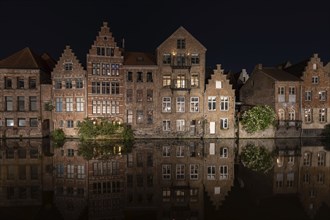 Illuminated house facades in Ghent, Belgium, Europe