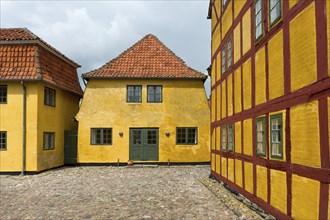 Half-timbered houses, Andresens Kobmandsgard or Kaufmannshof, Kerteminde, Funen, Region Syddanmark,