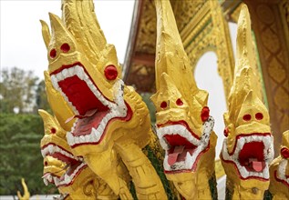 Naga at the steps of Wat Ho Pha Bang temple, Royal Palace, Luang Prabang, Laos, Asia