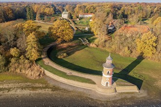 Aerial view of lighthouse and castle Fasanenschloss, autumn colors, Germany, Europe