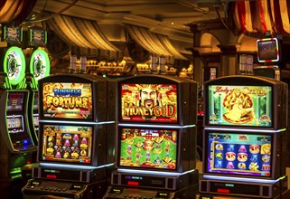 Las Vegas, Nevada, USA-March 10, 2019: Casino machines in the entertainment area at night waiting