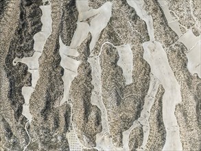 Farmland amongst rocky outcrops. Aerial view. Drone shot. Granada province, Andalusia, Spain,