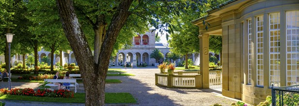 Spa garden, at the Regentenbau, Bad Kissingen, Rhön, Lower Franconia, Franconia, Bavaria, Germany,