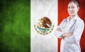 Smiling female doctor with arms crossed on Mexico flag background. Doctor with stethoscope on