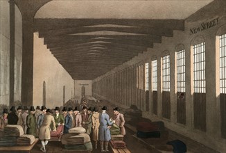 Scene from everyday life in England around 1810, Merchant in the Cloth Hall, Fabrics, Historical,