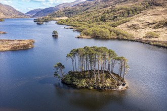 Aerial view of lake Loch Eilt with island Dumbledore's Grave, Harry Potter film location, scottisch