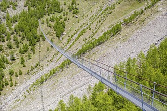 Aerial view, drone shot, Charles Kuonen suspension bridge, part of hiking trail Europaweg, Matter