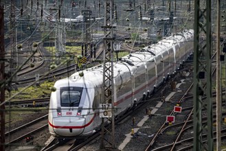 ICE train on the railway line between Mülheim an der Ruhr, and Duisburg, busy railway line, for