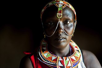 Portrait of a woman from the Njemps tribe, Kenya. She is adorned with traditional beadwork